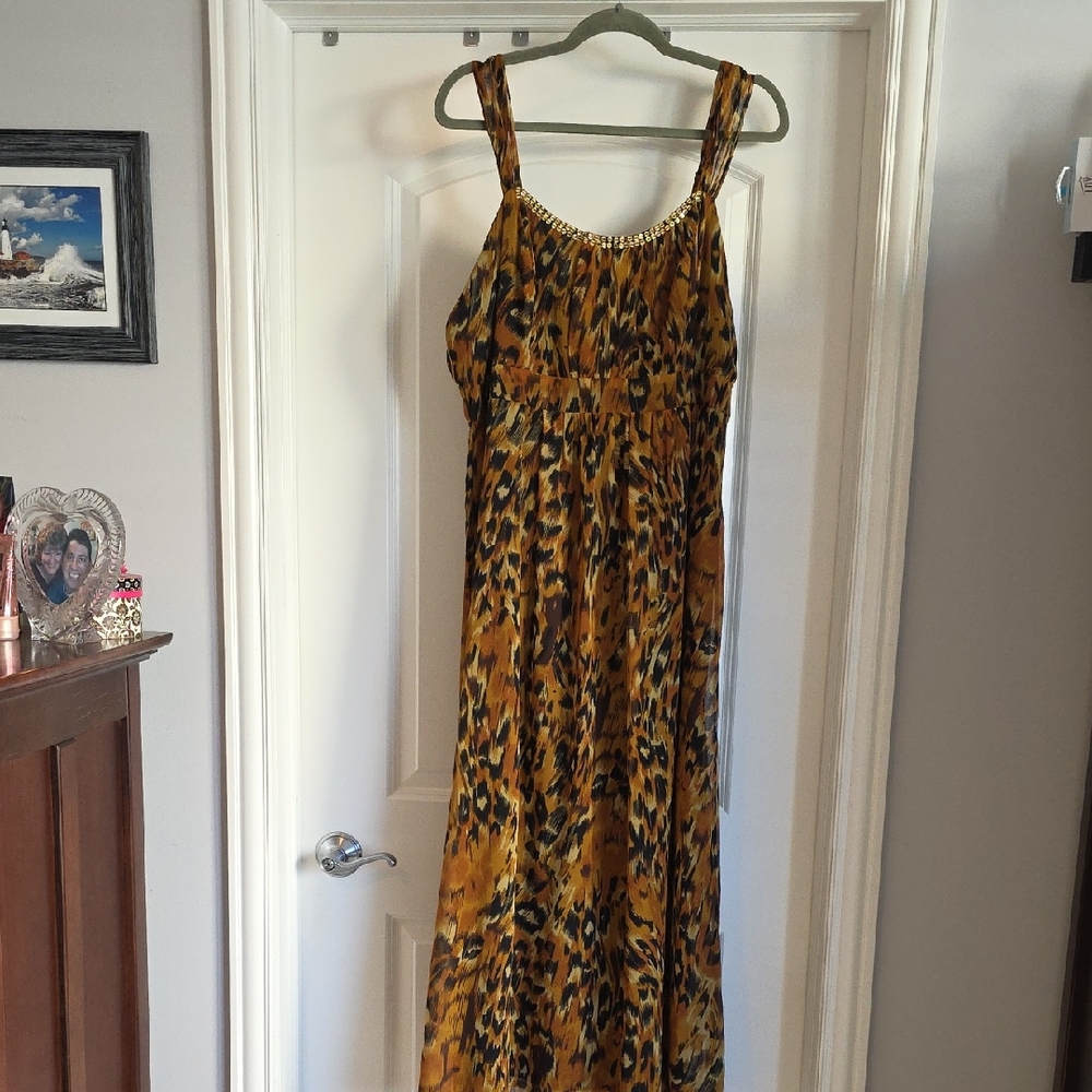 Maxi Dress in Mustard Animal Print with Gold Trim - Picture 2 of 7